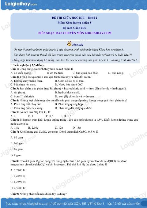 Đề thi giữa kì 1 KHTN 8 Cánh diều - Đề số 2